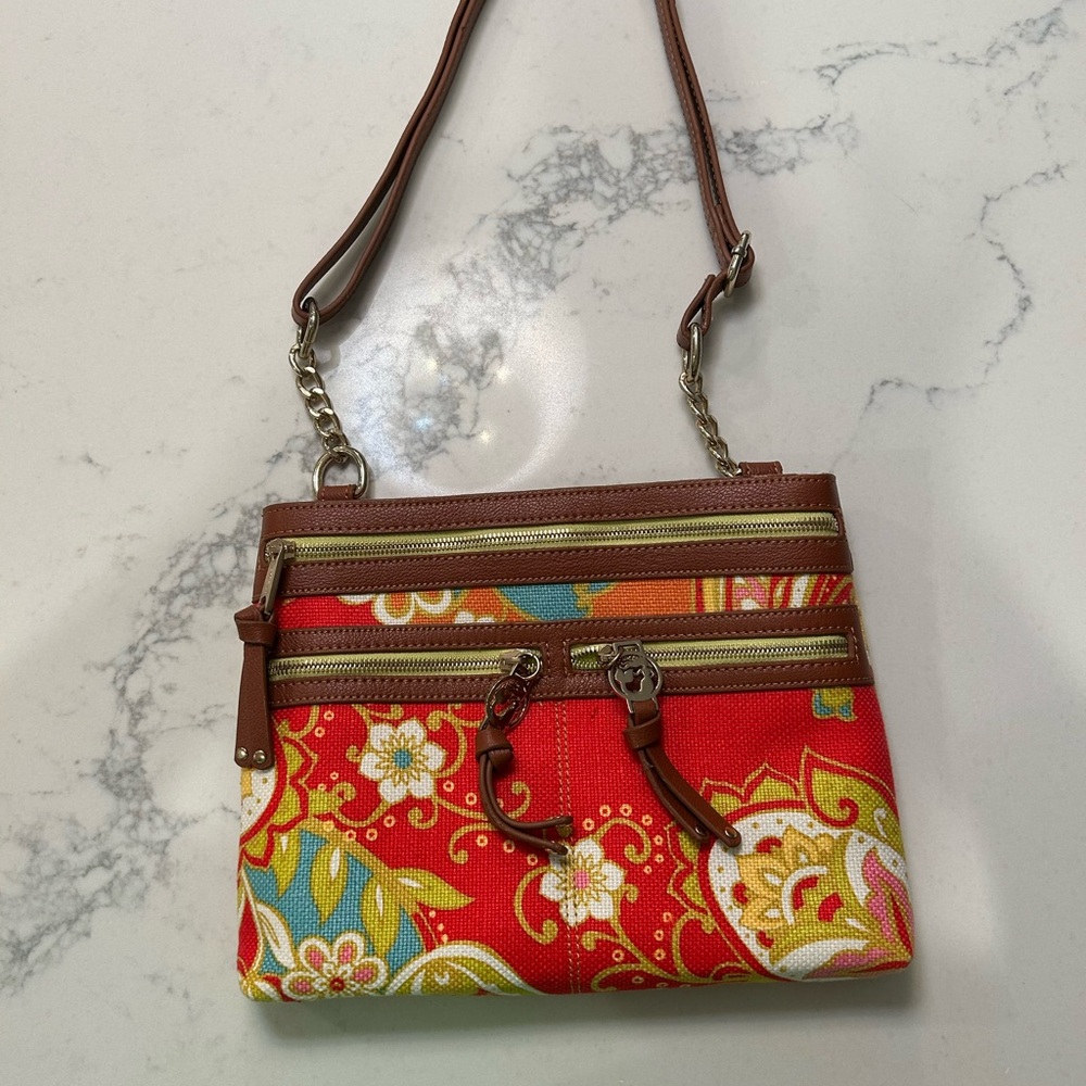 Spartina 449 Red and Brown Crossbody Bag with Ornate Design